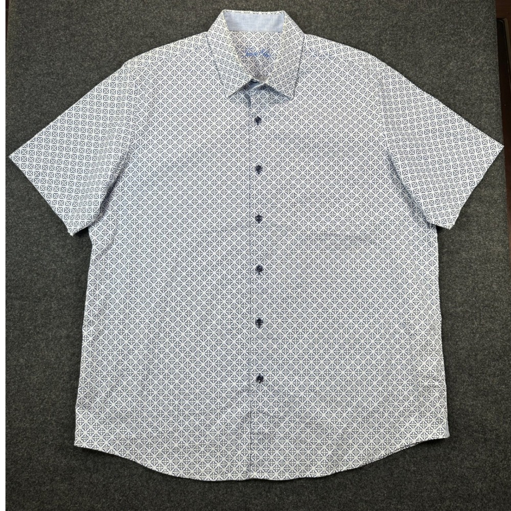 Tasso Elba Mens XL Short Sleeve Button Down Shirt Blue White Geo Tile Print